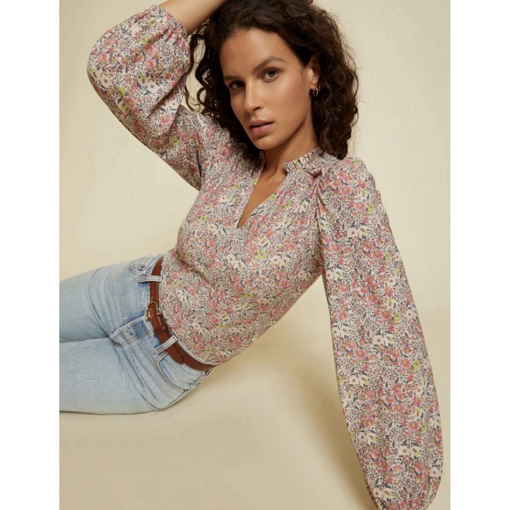 Nation LTD Claudine Yoked Superbloom Tee XL Floral Print Ruffle Long Sleeve